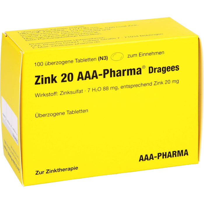 Zink 20 AAA-Pharma Dragees zur Zinktherapie, 100 pc Tablettes