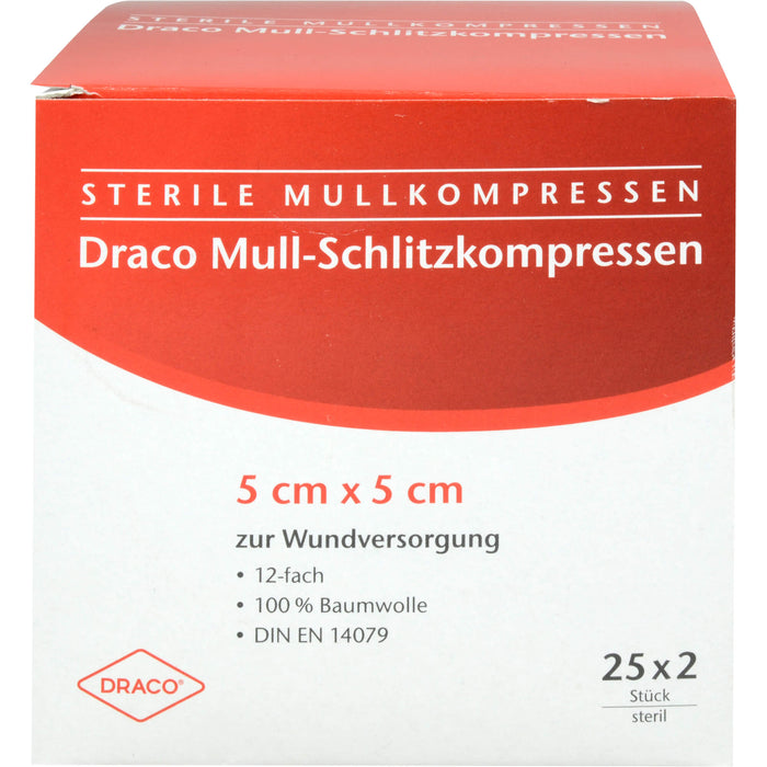 SCHLITZKOMPRESSE Mull 5x5cm 12fach steril Ausb, 25X2 St KOM