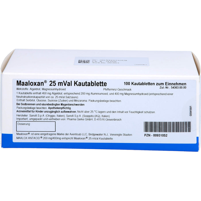 Pharma Gerke Maaloxan 25 mVal Kautabletten säurebindendes Magenmittel, 100 pc Tablettes