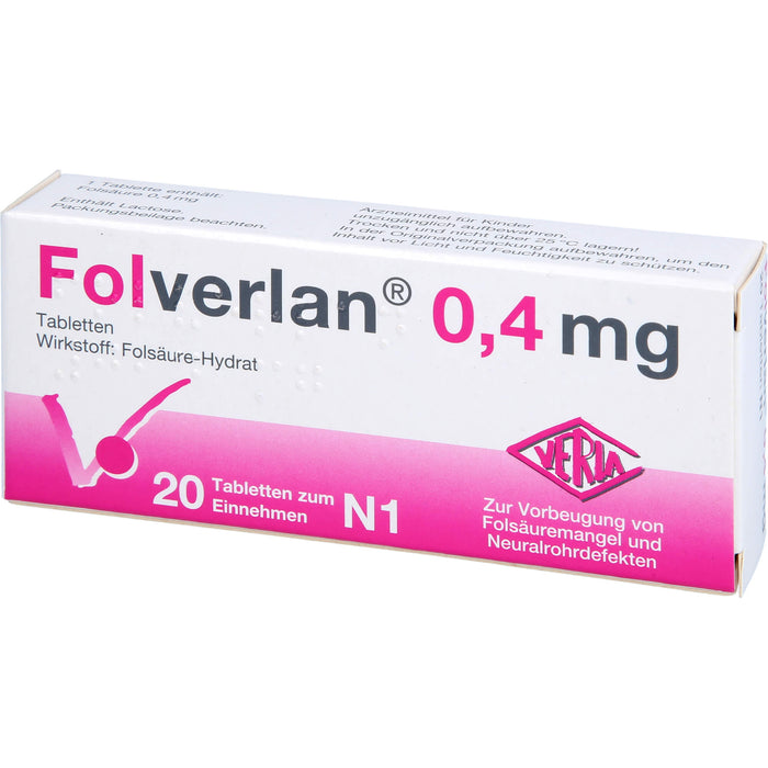 VERLA Folverlan 0,4 mg Tabletten zur Vorbeugung von Folsäuremangel und Neuralrohrdefekten, 20 pc Tablettes