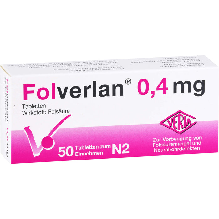 Folverlan 0,4 mg Tabletten zur Vorbeugung von Folsäuremangel und Neuralrohrdefekten, 50 pc Tablettes