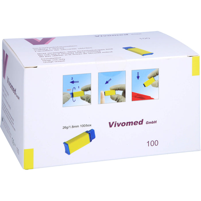 Vivomed Sicherheitsblutlanzetten gelb 26 G x 1,8 mm, 100 St. Packung