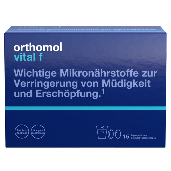 Orthomol Vital f für Frauen - bei Müdigkeit - mit B-Vitaminen, Omega-3-Fettsäuren und Magnesium - Orangen-Geschmack - Granulat/Tabletten/Kapseln, 15 pcs. Daily portions