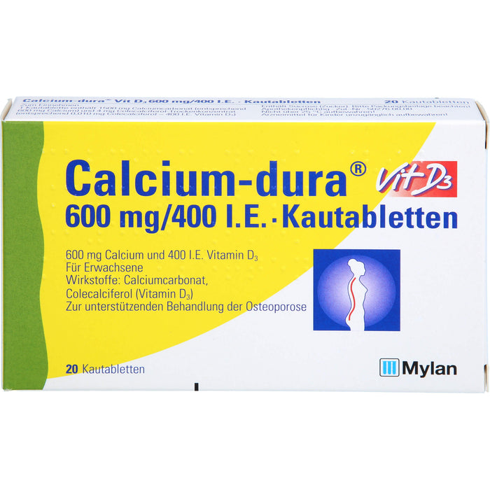 Calcium-dura Vit D3 600 mg/400 I.E., Kautabletten, 20 St KTA