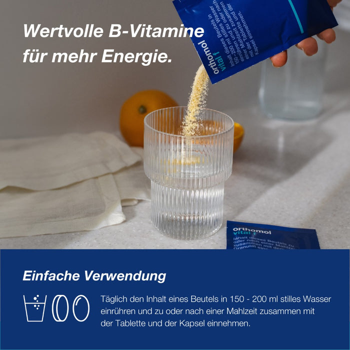 Orthomol Vital f für Frauen - bei Müdigkeit - mit B-Vitaminen, Omega-3-Fettsäuren und Magnesium - Orangen-Geschmack - Granulat/Tabletten/Kapseln, 15 pcs. Daily portions