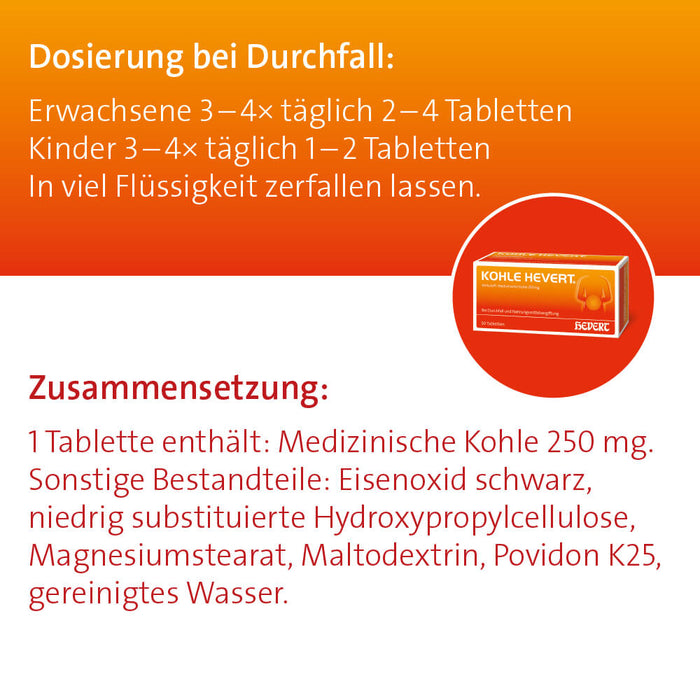 Kohle Hevert bei Durchfall sowie bei Vergiftungen durch Lebensmittel, Schwermetalle und Medikamente, 300 St. Tabletten