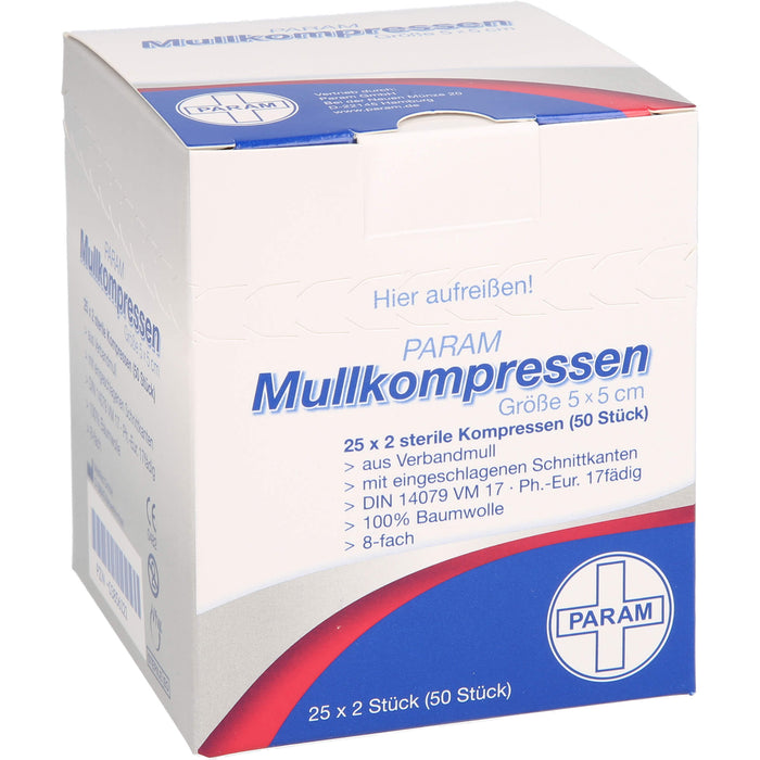 PARAM Mullkompressen 5 cm x 5 cm steril 8-fach, 50 pc Compresses