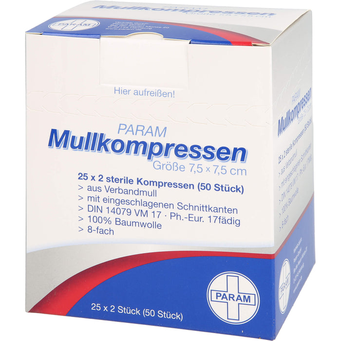 PARAM Mullkompressen 7,5 cm x 7,5 cm steril 8-fach, 50 St. Kompressen