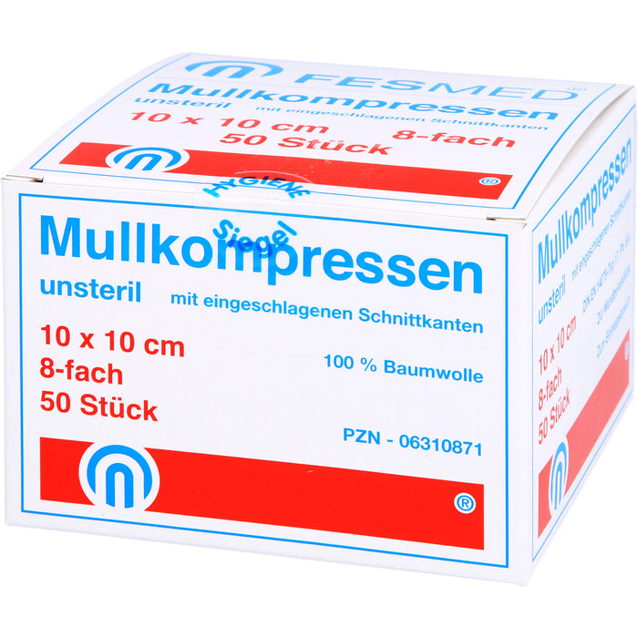 FESMED ES-Mullkompressen 10 x 10 cm 8fach unsteril mit eingeschlagenen Schnittkanten, 50 pcs. Compresses