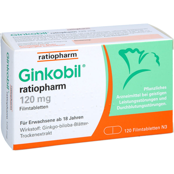 Ginkobil ratiopharm 120 mg Filmtabletten bei geistigen Leistungsstörungen und Durchblutungsstörungen, 120 pc Tablettes