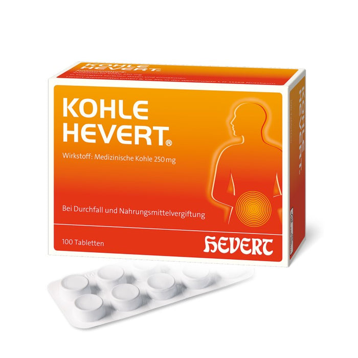 Kohle Hevert bei Durchfall sowie bei Vergiftungen durch Lebensmittel, Schwermetalle und Medikamente, 100 St. Tabletten