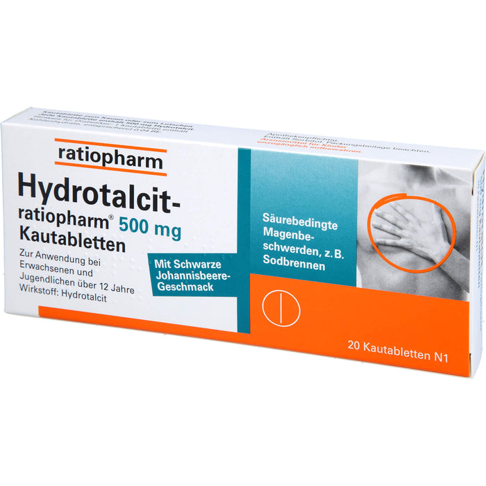 Hydrotalcit-ratiopharm 500 mg Kautabletten bei säurebedingte Magenbeschwerden wie Sodbrennen, 20 pcs. Tablets