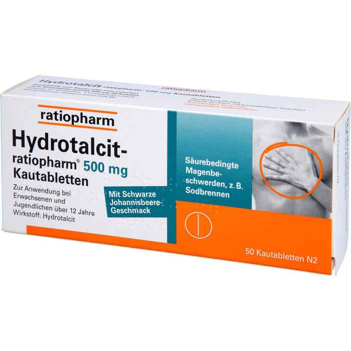 Hydrotalcit-ratiopharm 500 mg Kautabletten bei säurebedingte Magenbeschwerden wie Sodbrennen, 50 St. Tabletten