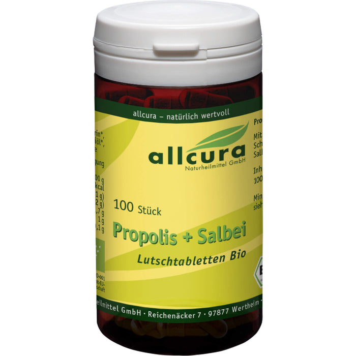 allcura Propolis+Salbei Lutschtabletten Bio wohltuend für Hals und Rachen, 100 pc Tablettes