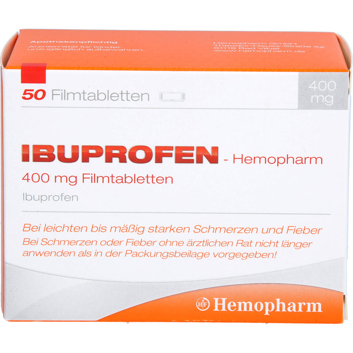 Ibuprofen-Hemopharm 400 mg Filmtabletten  bei leichten bis mäßig starken Schmerzen und Fieber, 50 pc Tablettes