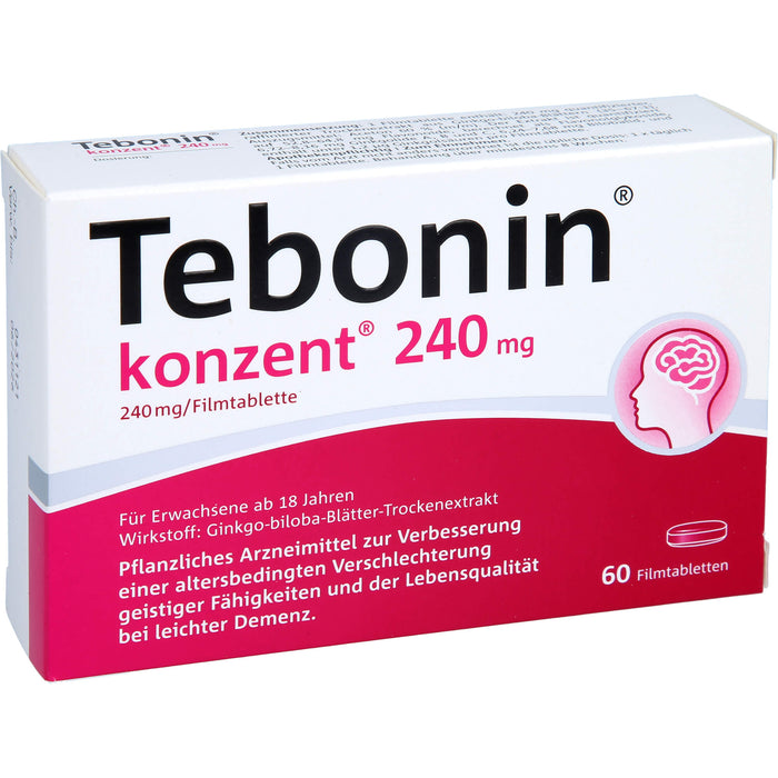 Tebonin konzent 240 mg Filmtabletten zur Verbesserung einer altersbedingten Verschlechterung geistiger Fähigkeiten und der Lebensqualität bei leichter Demenz, 60 pc Tablettes