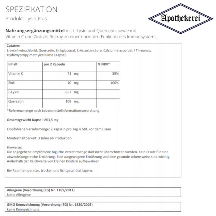 Apothekerei Lysin Plus mit Quercetin, Vitamin C und Zink, 90 St. Kapseln