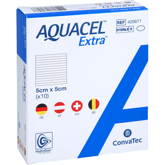 AQUACEL Extra 5 cm x 5 cm Verband mit verstärkenden Fasern, 10 St. Kompressen