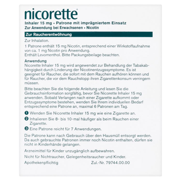 nicorette Inhaler 15 mg Nicotin zur Raucherentwöhnung Patronen, 20 pc Ampoules