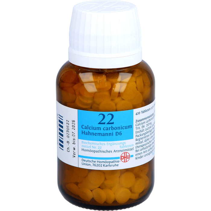 DHU Calcium carbonicum Hahnemanni D6 Biochemisches Ergänzungsmittel Nr. 22 – Das Mineralsalz des Calciumstoffwechsels und des Lymphsystems – umweltfreundlich im Arzneiglas, 420 pcs. Tablets