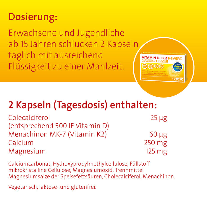 Vitamin D3 K2 Hevert plus Ca Mg 1000 IE/2 Kapseln, 120 pcs. Capsules