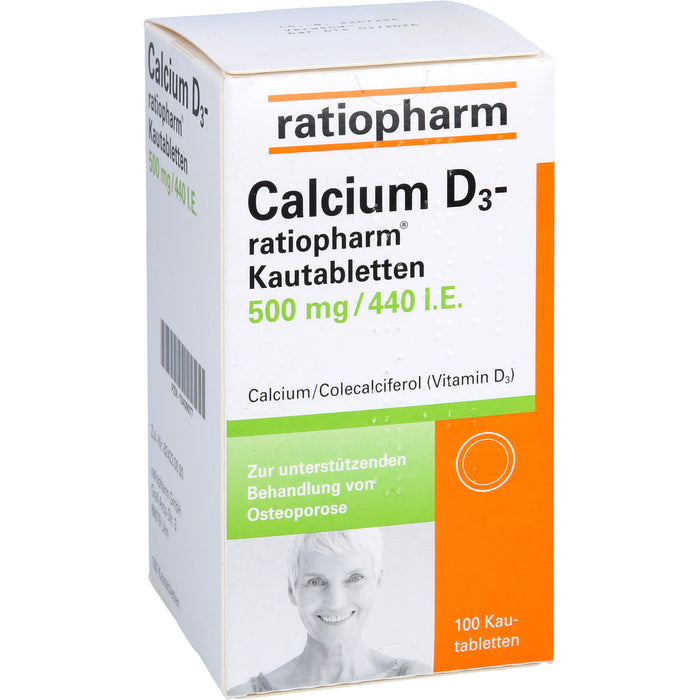 Calcium D3-ratiopharm Kautabletten 500 mg/440 I.E. zur unterstützenden Behandlung von Osteoporose, 100 pc Tablettes