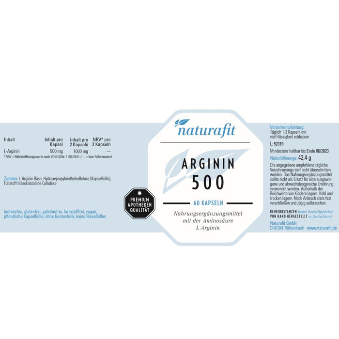 naturafit Arginin 500 Kapseln, 60 pcs. Capsules