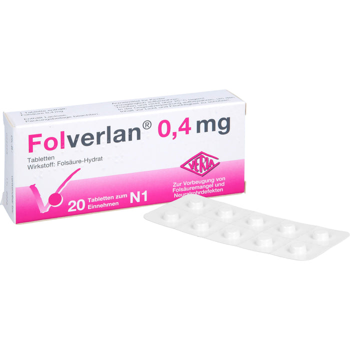 VERLA Folverlan 0,4 mg Tabletten zur Vorbeugung von Folsäuremangel und Neuralrohrdefekten, 20 pc Tablettes