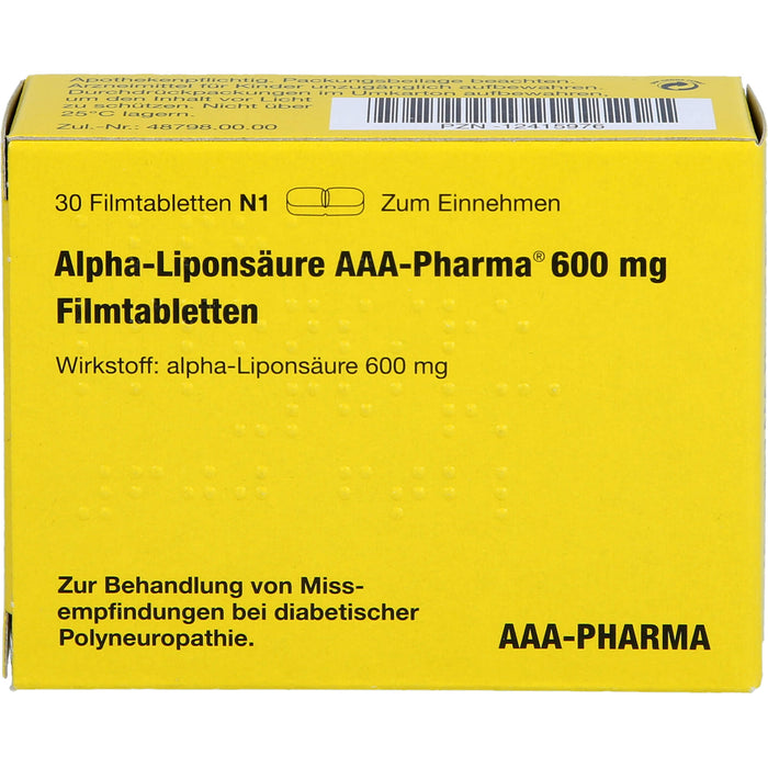 Alpha-Liponsäure AAA-Pharma 600 mg Filmtabletten zur Behandlung von Missempfindungen bei diabetischer Polyneuropathie, 30 pc Tablettes