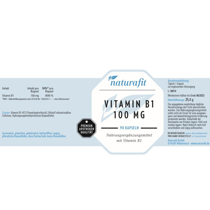 naturafit Vitamin B1 100 mg Kapseln, 90 St. Kapseln