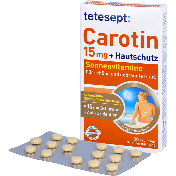 tetesept Carotin 15 mg + Hautschutz Sonnenvitamine für schöne und gebräunte Haut, 30 pc Tablettes