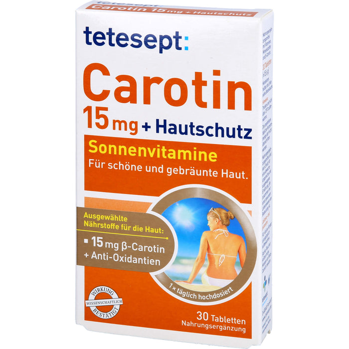 tetesept Carotin 15 mg + Hautschutz Sonnenvitamine für schöne und gebräunte Haut, 30 pc Tablettes