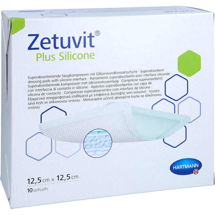 Zetuvit Plus Silicone steril 12,5 cm x 12,5 cm superabsorbierende Saugkompressen mit Silikonwundkontaktschicht, 10 pc Compresses