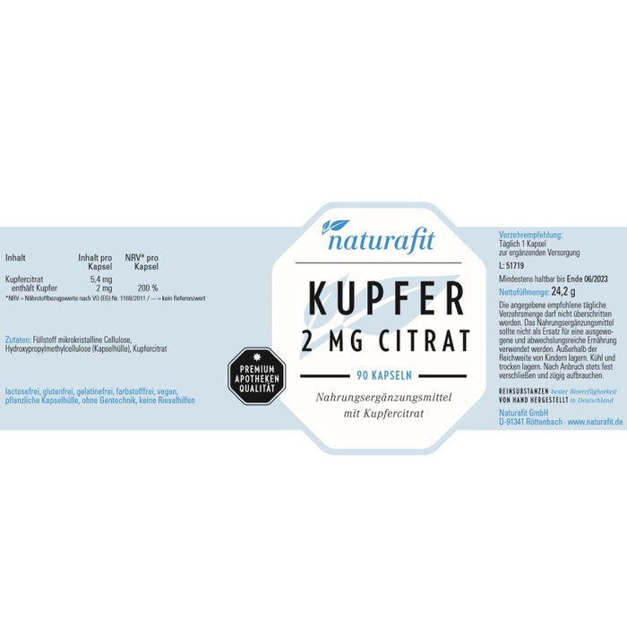 naturafit Kupfer 2 mg Citrat Kapseln, 90 St. Kapseln