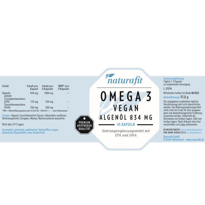 naturafit Omega 3 vegan Algenöl 834 mg Kapseln, 45 pc Capsules