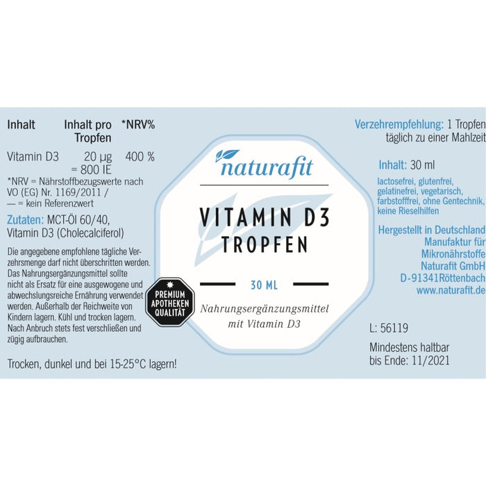 naturafit Vitamin D3 Tropfen 800 IE, 30 ml Solution