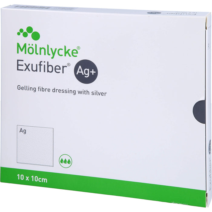 Mölnlycke Exufiber Ag+ 10 x 10 cm Gel-Faserverband mit Silber zur Versorgung stark exsudierender Wunden, 10 pc pansement