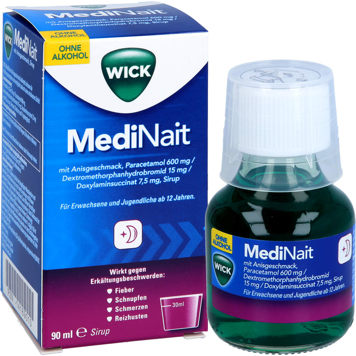 WICK MediNait mit Anisgeschmack Sirup zur effektiven Linderung von 6 Erkältungssymptomen ohne Alkohol ab 12 Jahren, 90 ml Solution