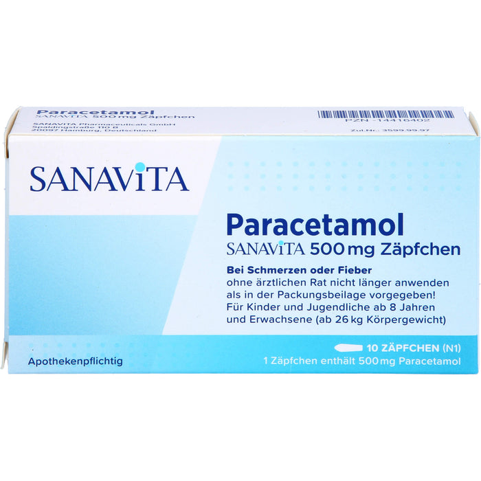 SANAVITA Paracetamol 500 mg Zäpfchen bei Schmerzen und Fieber, 10 pcs. Suppositories