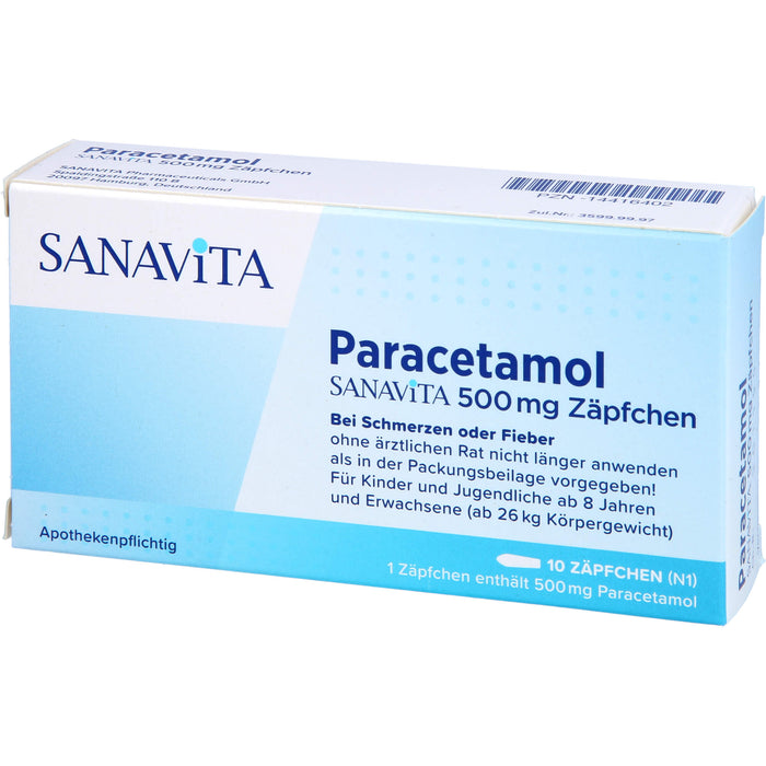 SANAVITA Paracetamol 500 mg Zäpfchen bei Schmerzen und Fieber, 10 pcs. Suppositories