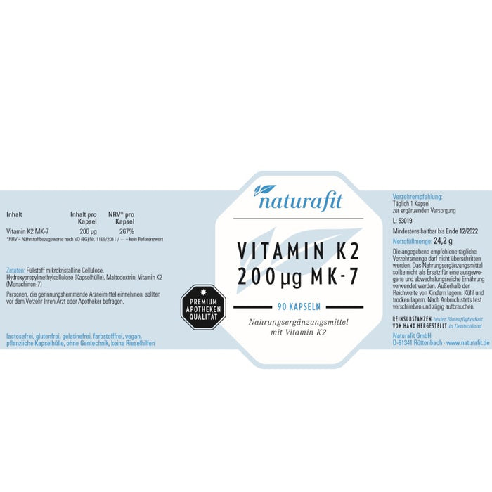 naturafit Vitamin K2 200 µg Mk-7 Kapseln, 90 pcs. Capsules