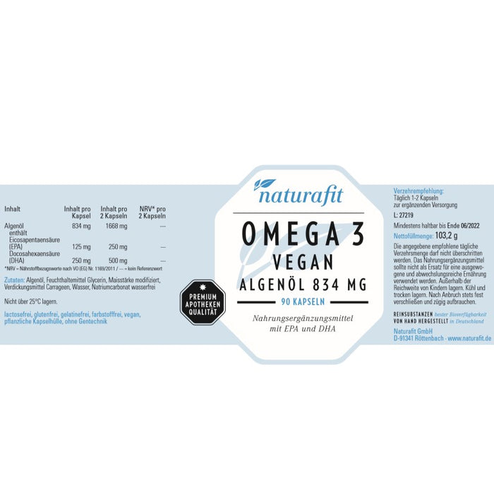 naturafit Omega 3 vegan Algenöl 834 mg Kapseln, 90 pc Capsules