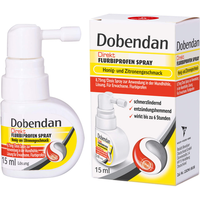 Dobendan Direkt Flurbiprofen Spray Honig- und Zitronengeschmack 8,75 mg/Dosis Spray zur Anwendung in der Mundhöhle, Lösung, 15 ml Solution