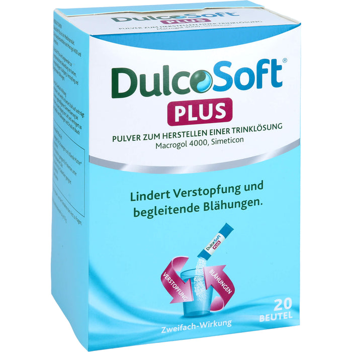 DulcoSoft Plus mit Macrogol und Simeticon Pulver lindert Verstopfung und begleitende Blähungen, 20 pcs. Sachets