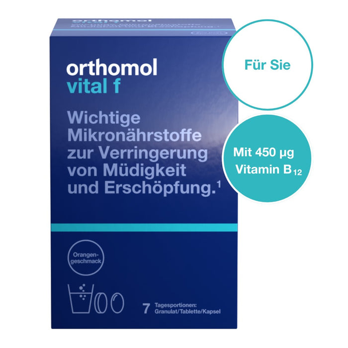 Orthomol Vital f für Frauen - bei Müdigkeit - mit B-Vitaminen, Omega-3-Fettsäuren und Magnesium - Orangen-Geschmack - Granulat/Tabletten/Kapseln, 7 St. Tagesportionen