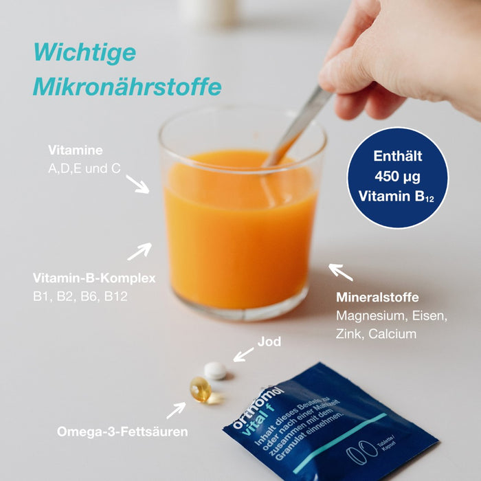 Orthomol Vital f für Frauen - bei Müdigkeit - mit B-Vitaminen, Omega-3-Fettsäuren und Magnesium - Orangen-Geschmack - Granulat/Tabletten/Kapseln, 15 pcs. Daily portions