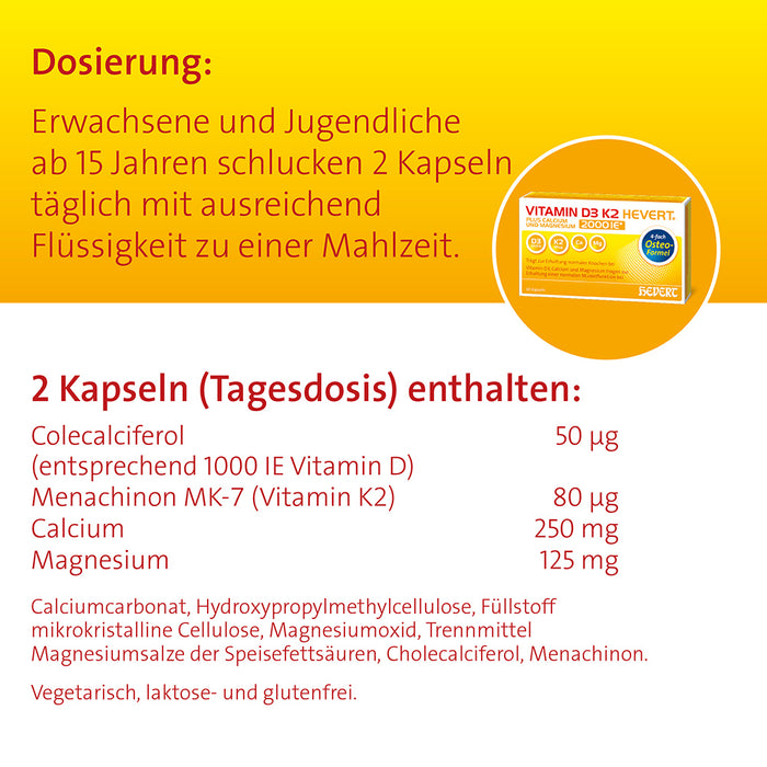 VITAMIN D3 K2 Hevert plus Ca Mg 2000 IE/2 Kapseln, 120 pcs. Capsules