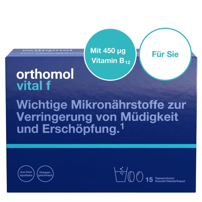 Orthomol Vital f für Frauen - bei Müdigkeit - mit B-Vitaminen, Omega-3-Fettsäuren und Magnesium - Orangen-Geschmack - Granulat/Tabletten/Kapseln, 15 pcs. Daily portions