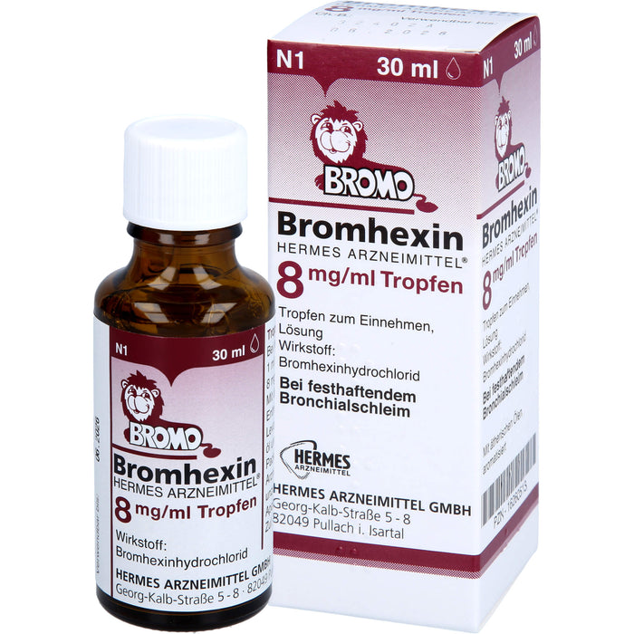 HERMES ARZNEIMITTEL Bromhexin 8 mg / ml Tropfen bei festhaftendem Bronchialschleim, 30 ml Solution